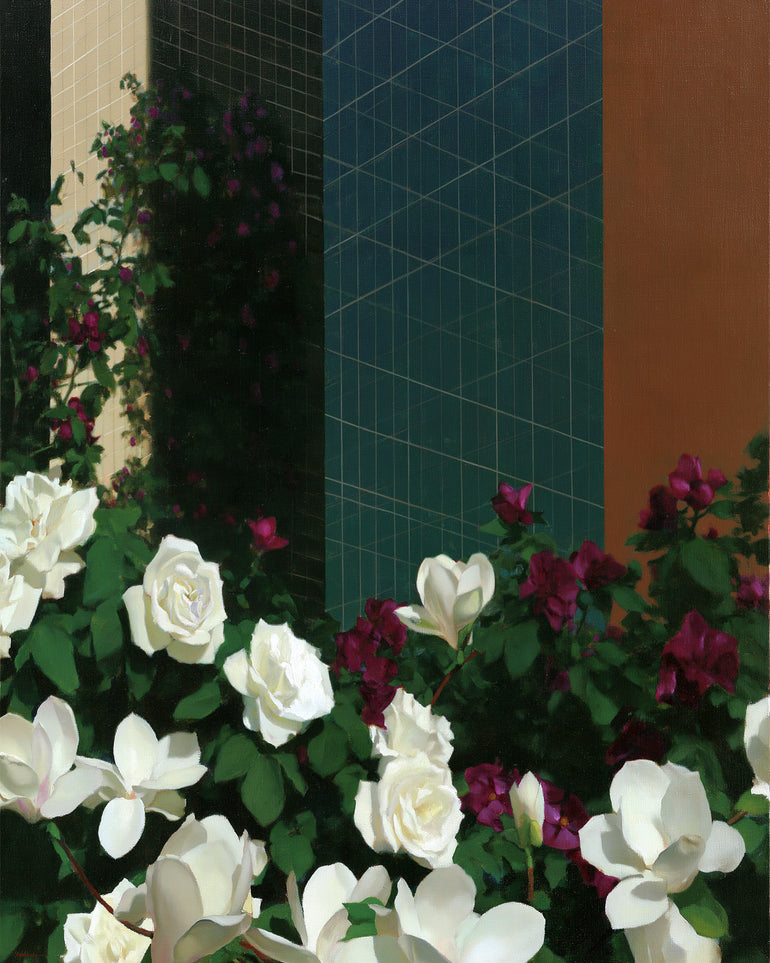 Roses against the blue grid