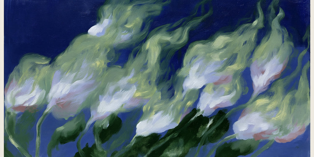 Pale flowers across blue field