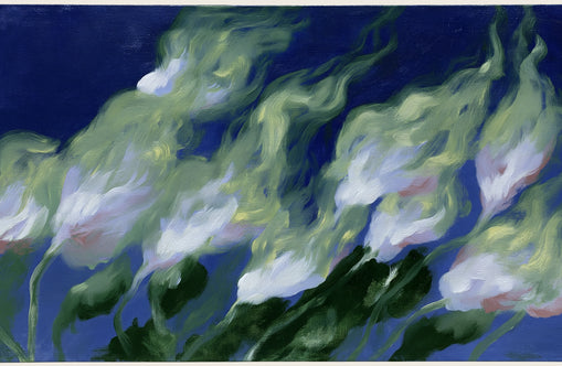 Pale flowers across blue field