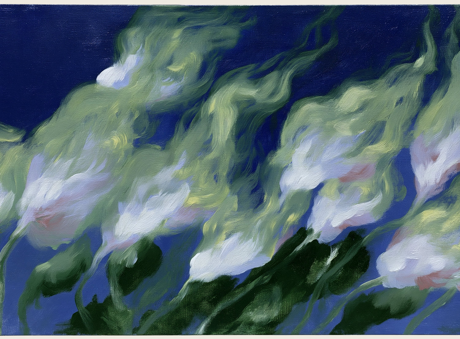 Pale flowers across blue field