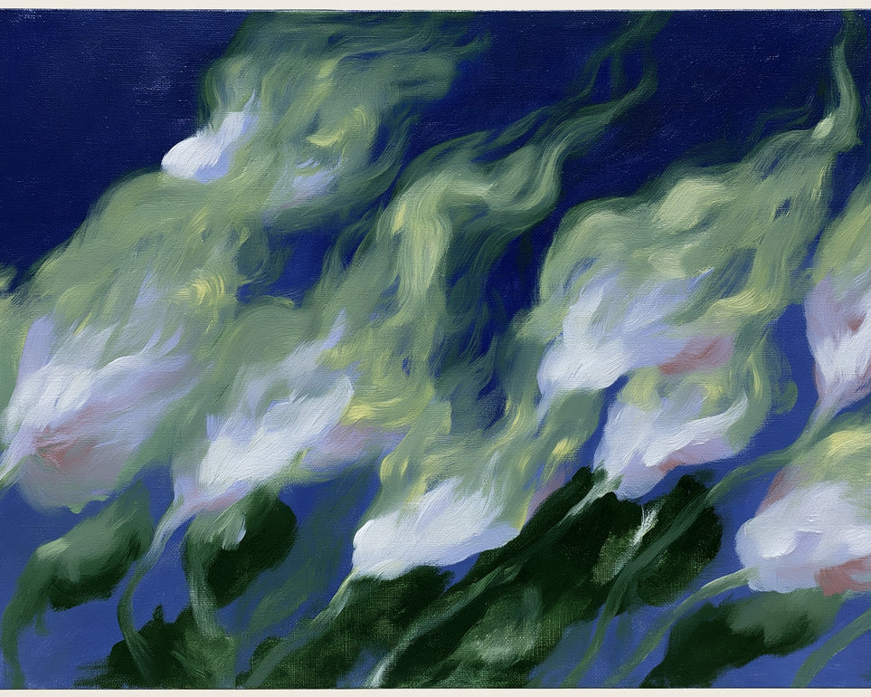 Pale flowers across blue field