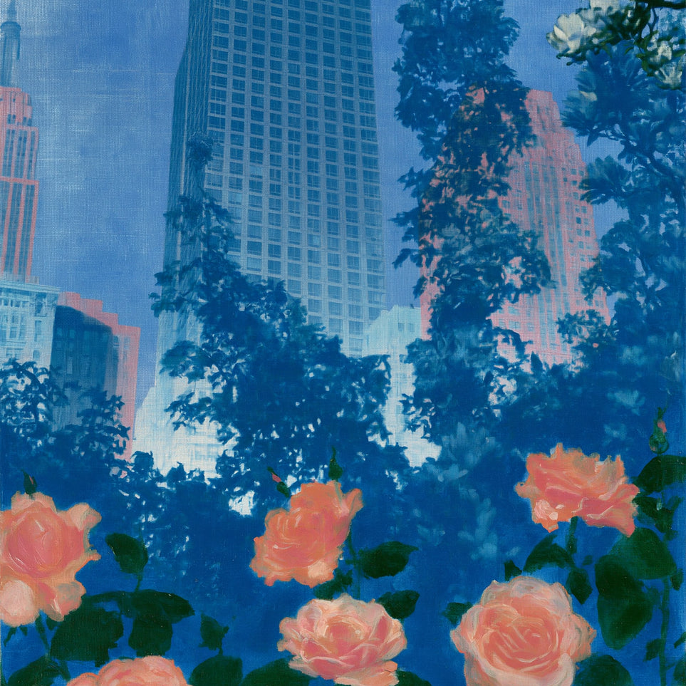 Pink roses below skyscrapers