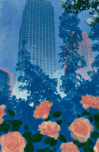 Pink roses below skyscrapers