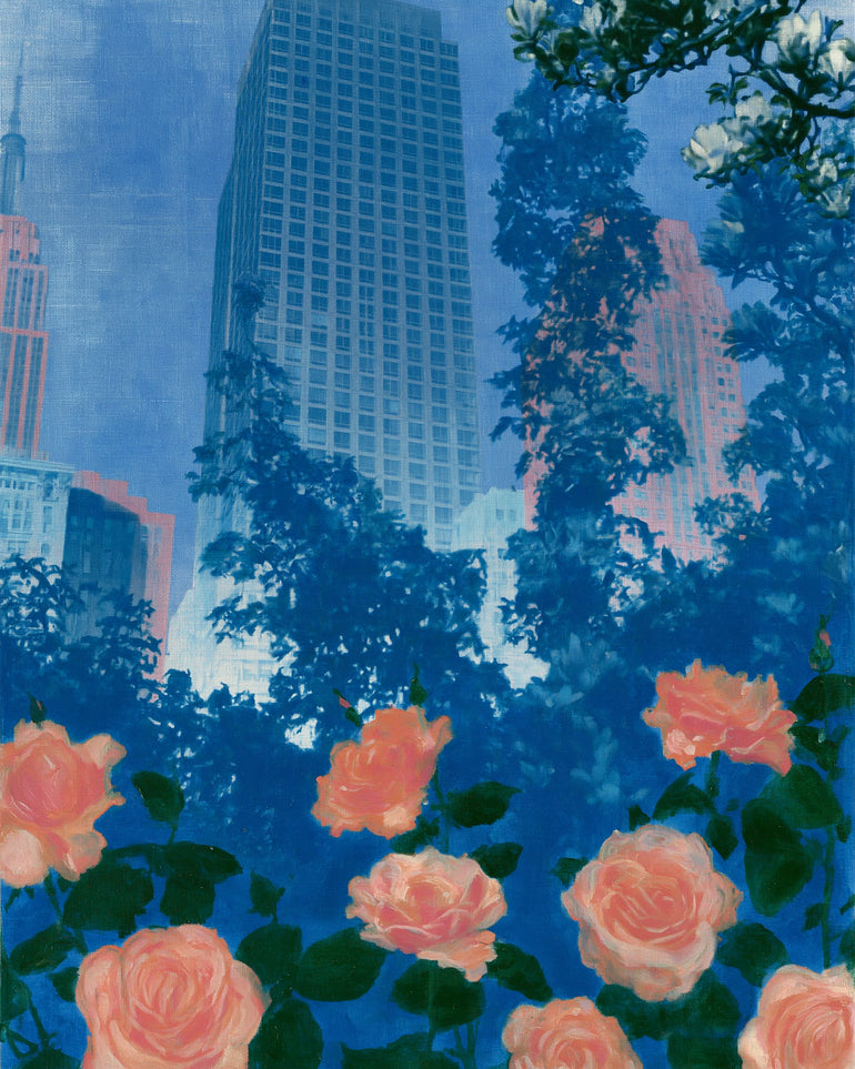 Pink roses below skyscrapers