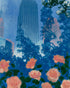 Pink roses below skyscrapers