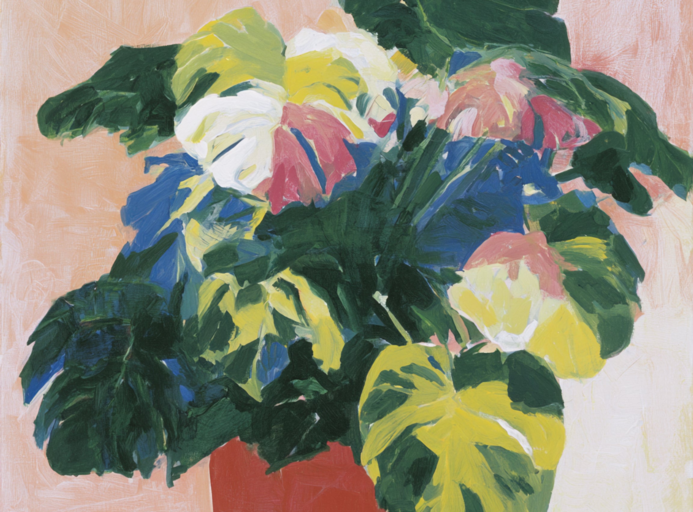 Red pot under heavy leaves