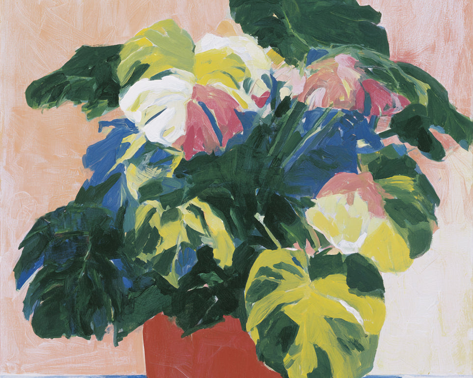 Red pot under heavy leaves