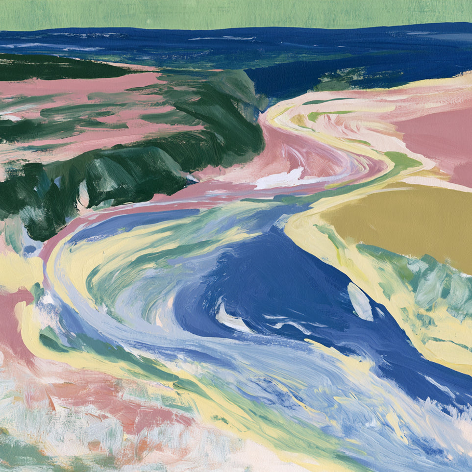 River bend in pink fields