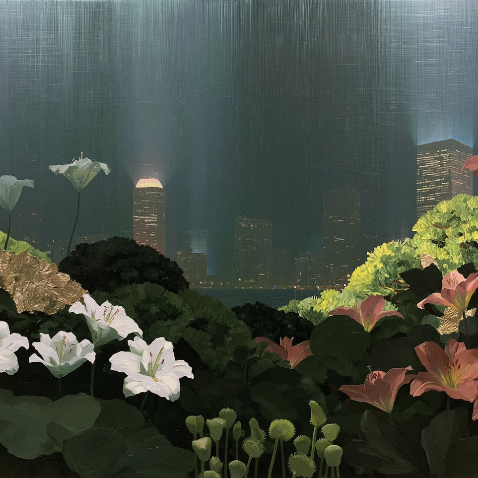 Lilies against the lit skyline
