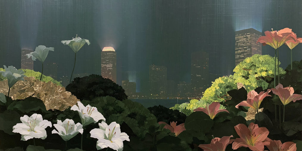 Lilies against the lit skyline