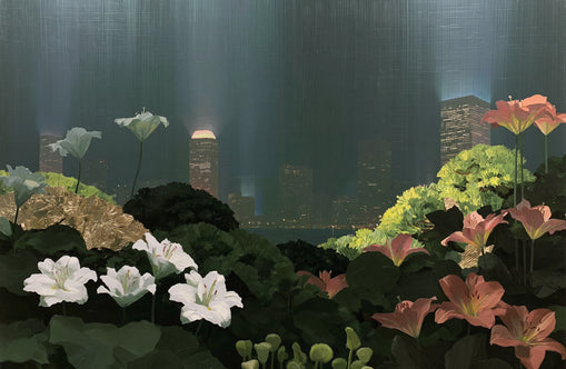 Lilies against the lit skyline