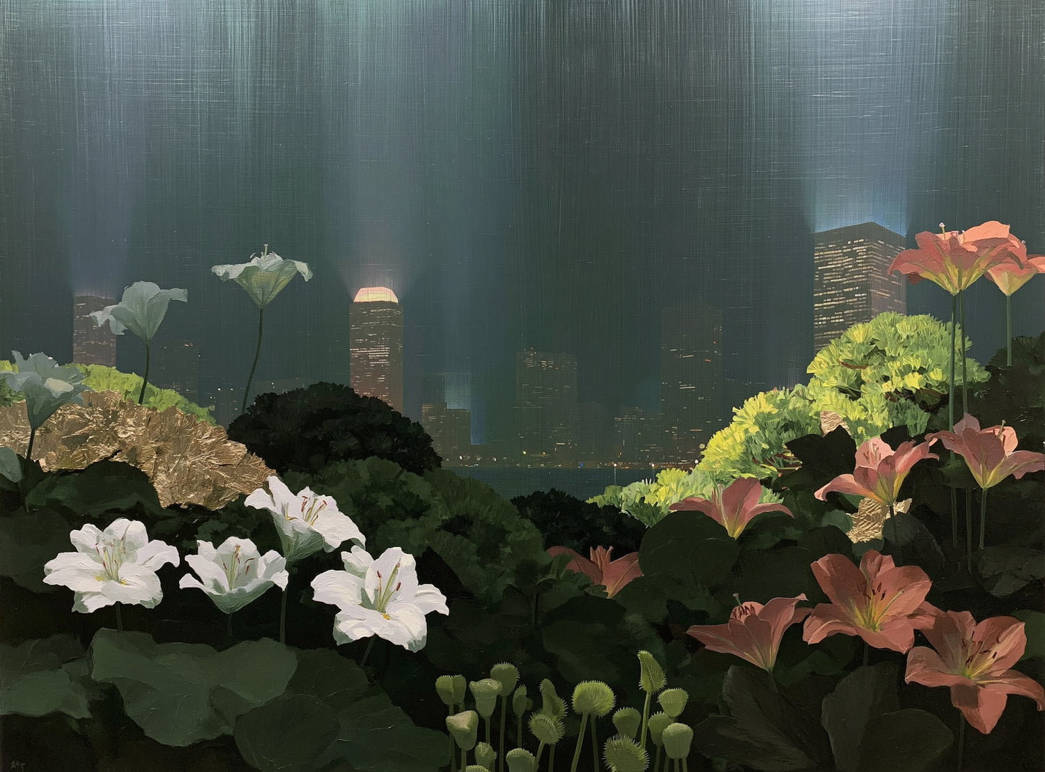 Lilies against the lit skyline