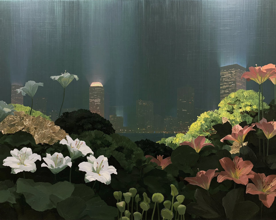 Lilies against the lit skyline