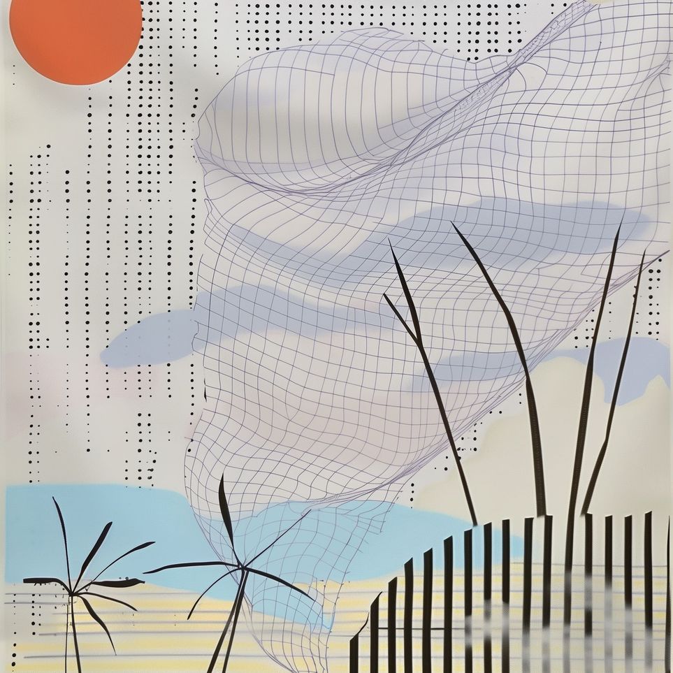 Orange sun over the gridded cloud
