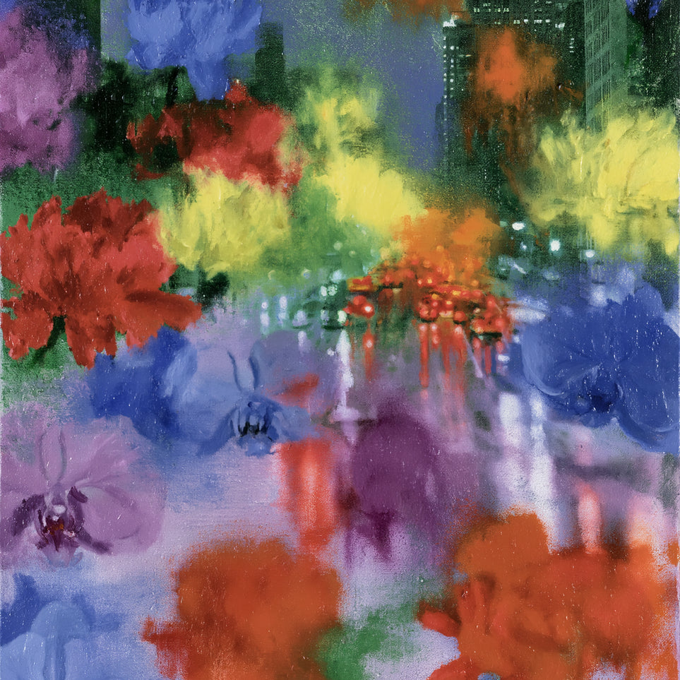 Neon traffic under painted blooms