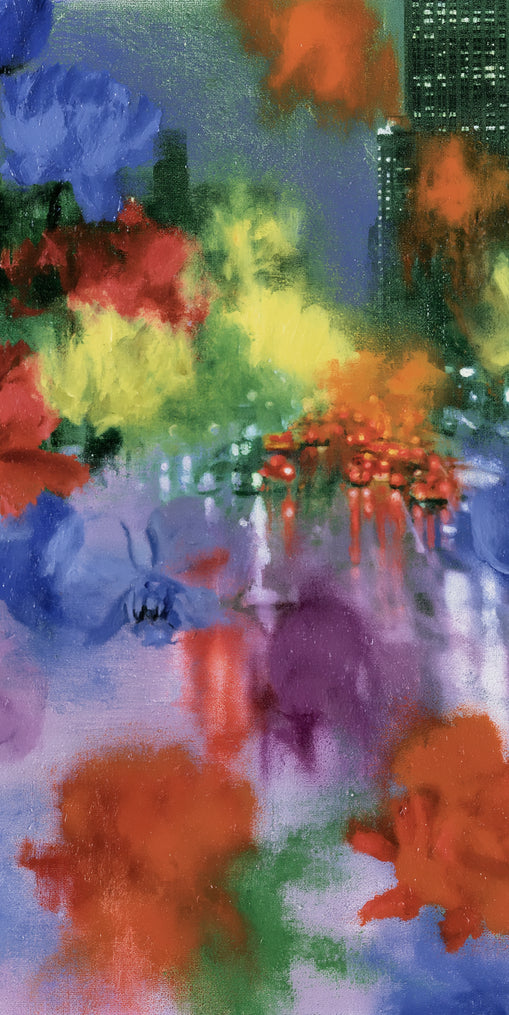 Neon traffic under painted blooms