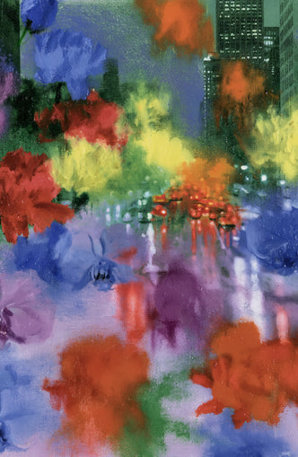 Neon traffic under painted blooms