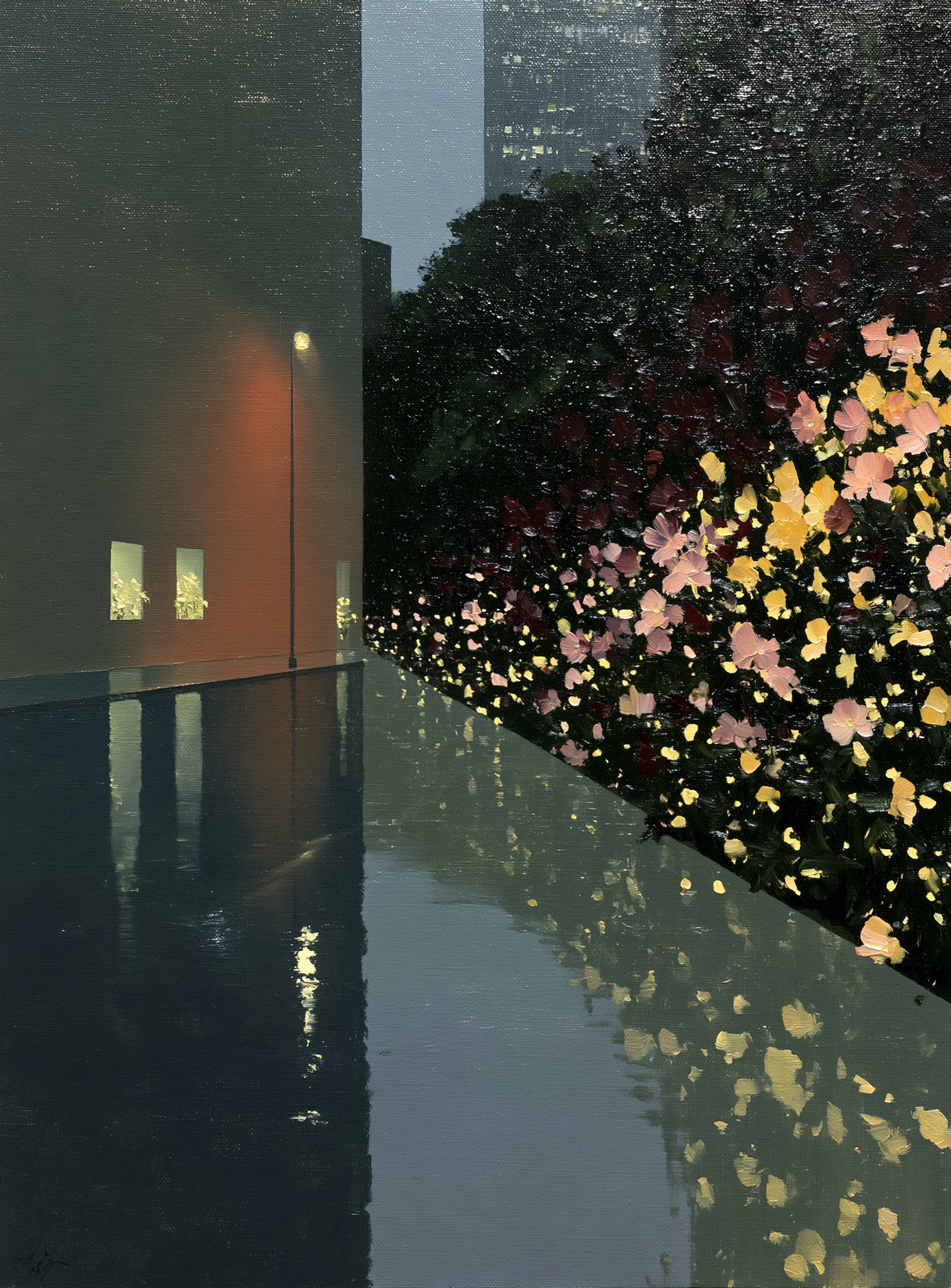 Flowers beside the wet wall