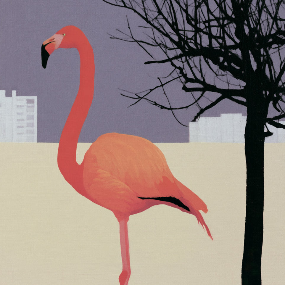 A flamingo beside the bare tree