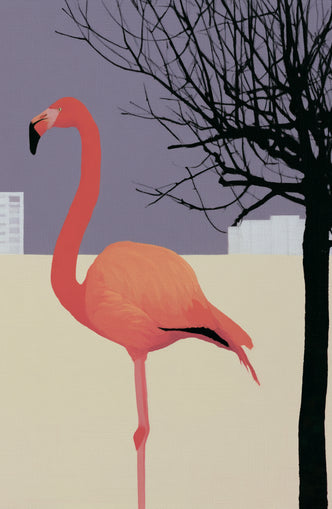 A flamingo beside the bare tree
