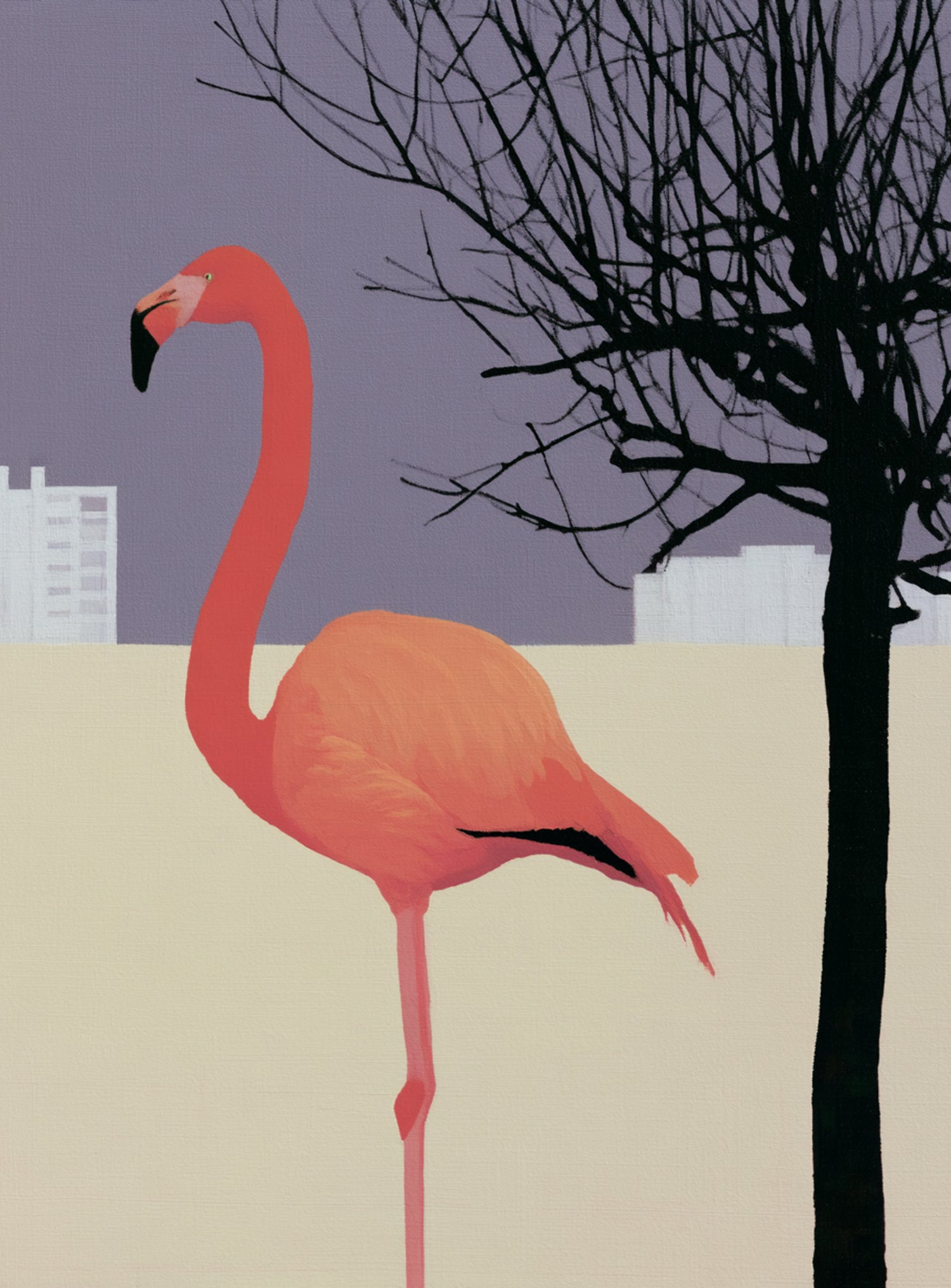 A flamingo beside the bare tree