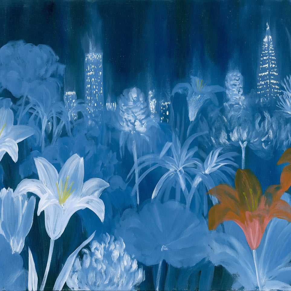 City lights behind lilies