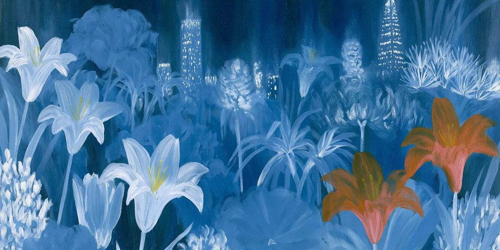 City lights behind lilies
