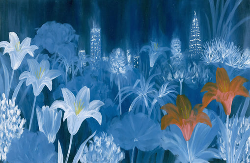 City lights behind lilies