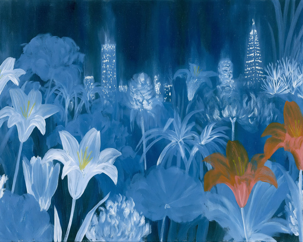 City lights behind lilies