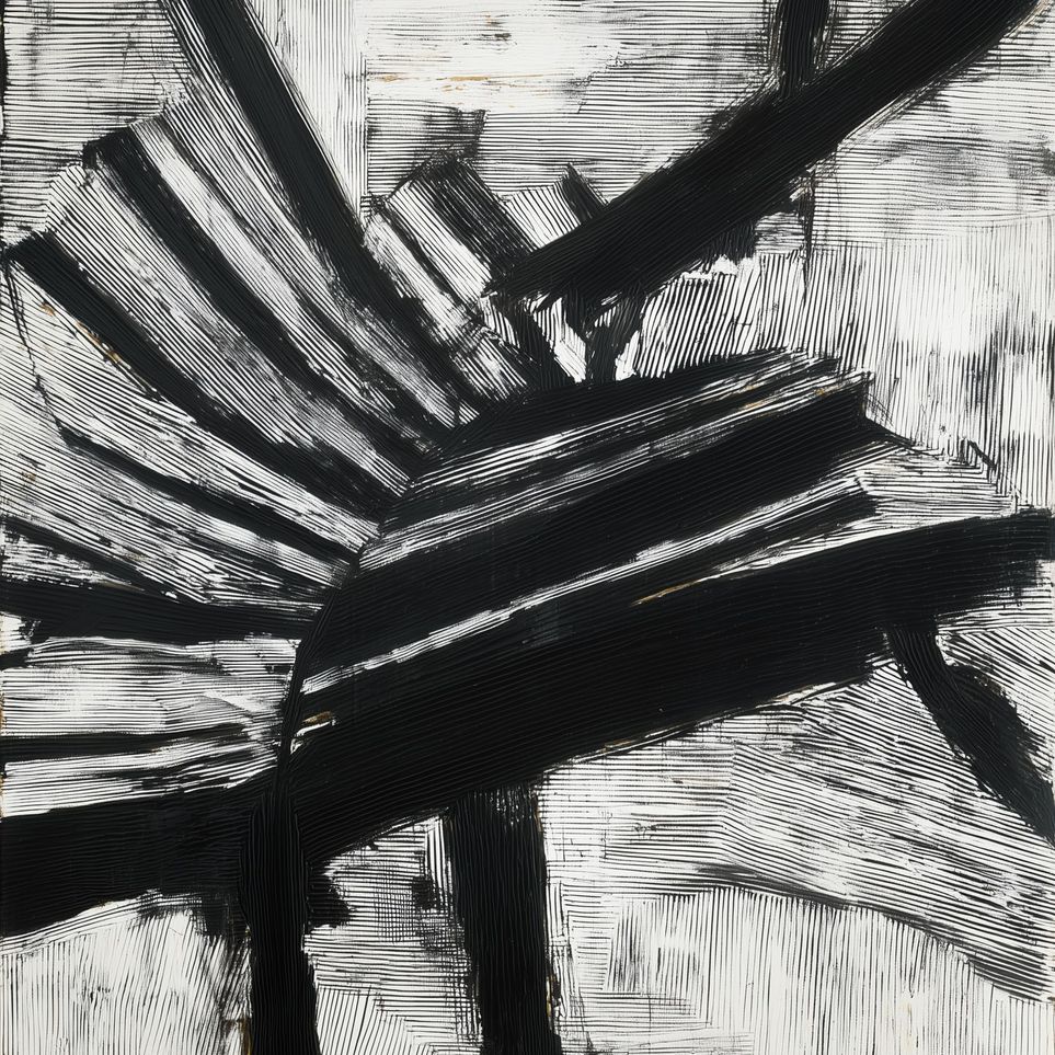 Non-Representational: Thick black brushstrokes cross and stack over a white surface filled with fine scratched lines.