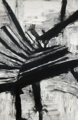 Non-Representational: Thick black brushstrokes cross and stack over a white surface filled with fine scratched lines.