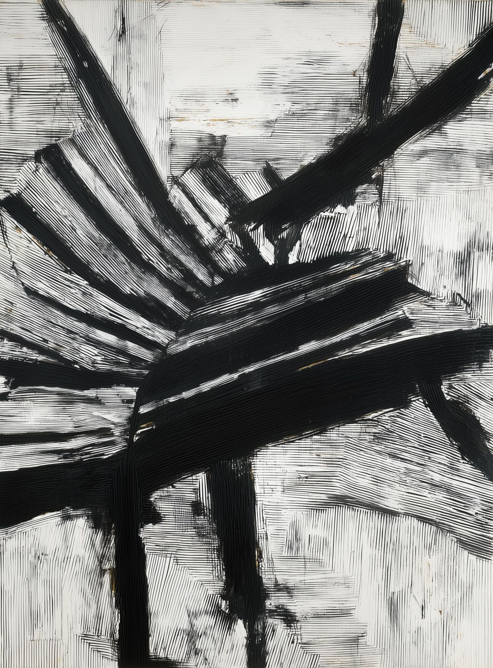 Non-Representational: Thick black brushstrokes cross and stack over a white surface filled with fine scratched lines.