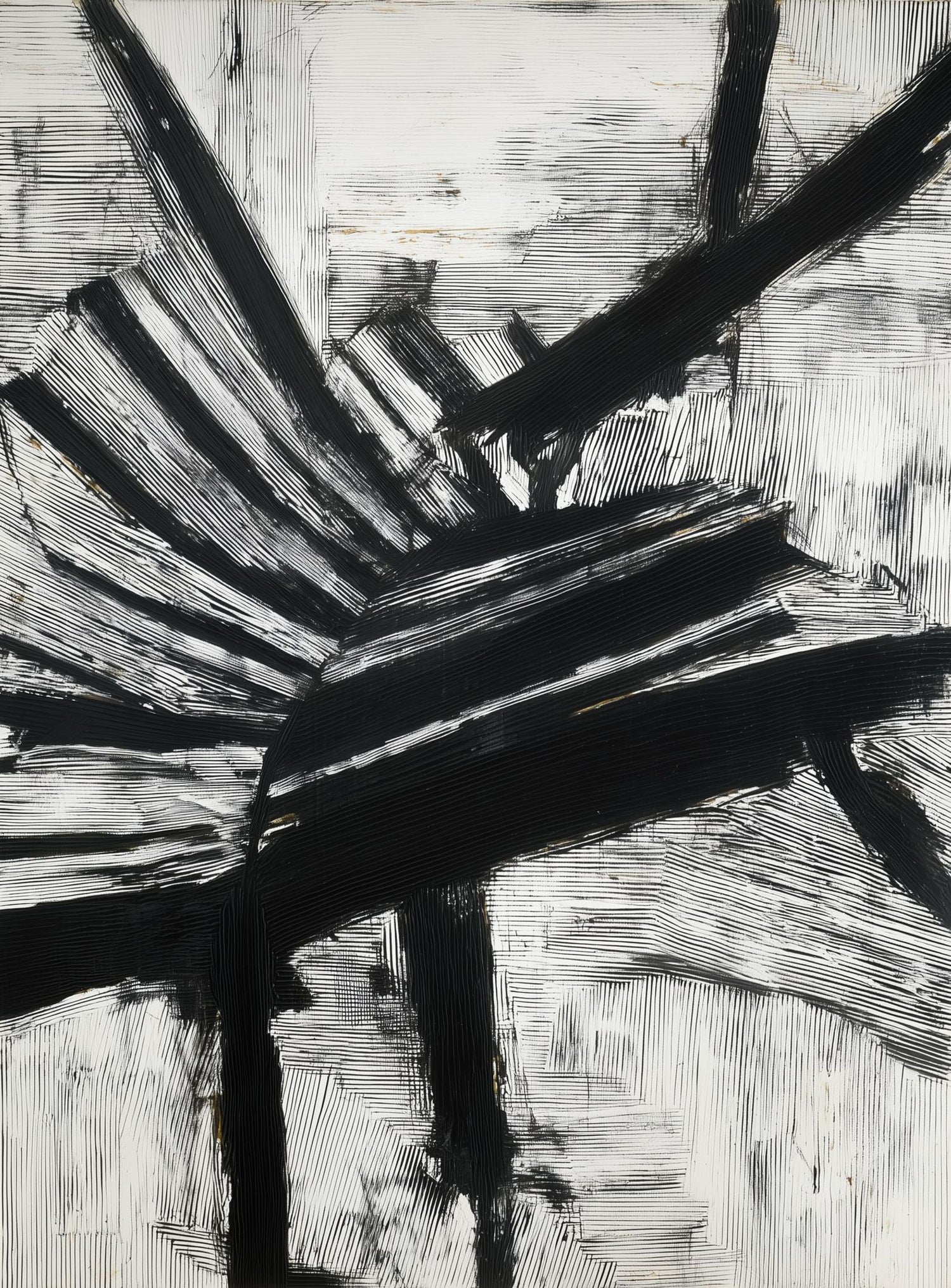 Non-Representational: Thick black brushstrokes cross and stack over a white surface filled with fine scratched lines.