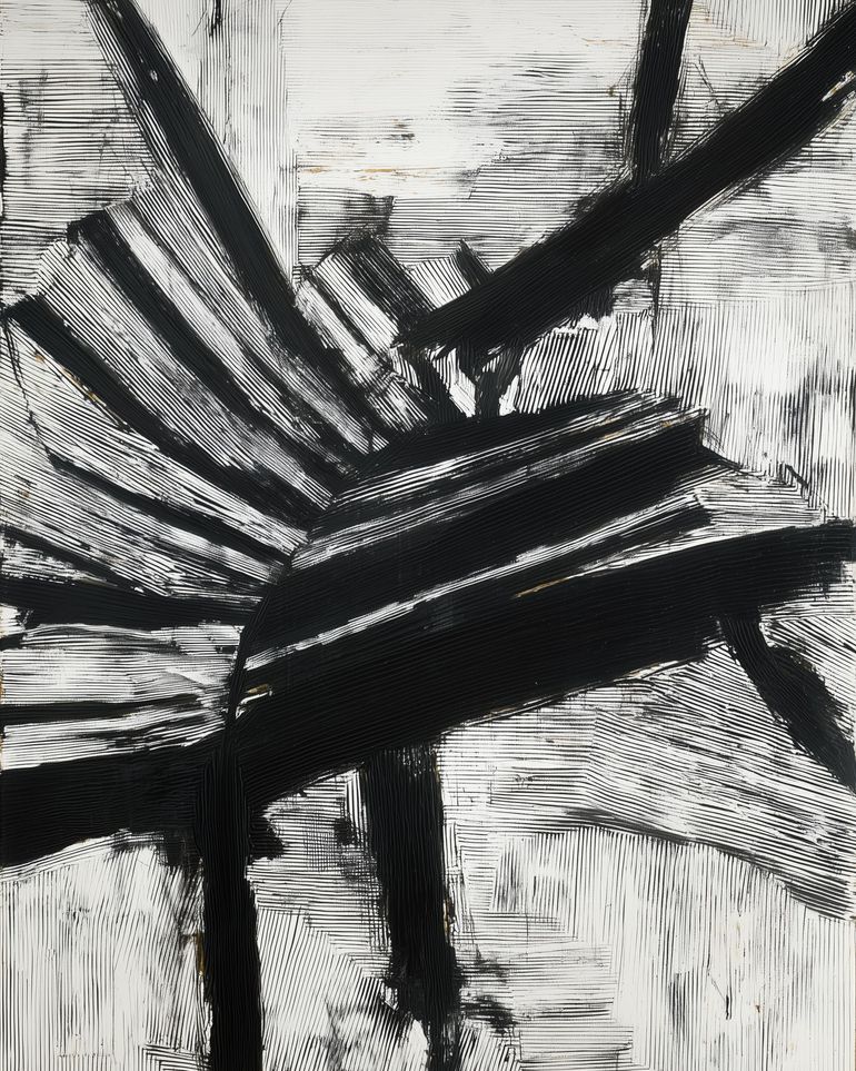 Non-Representational: Thick black brushstrokes cross and stack over a white surface filled with fine scratched lines.