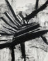 Non-Representational: Thick black brushstrokes cross and stack over a white surface filled with fine scratched lines.