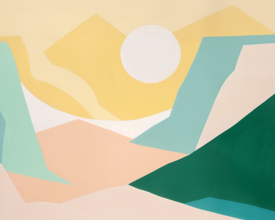 White sun over pastel hills