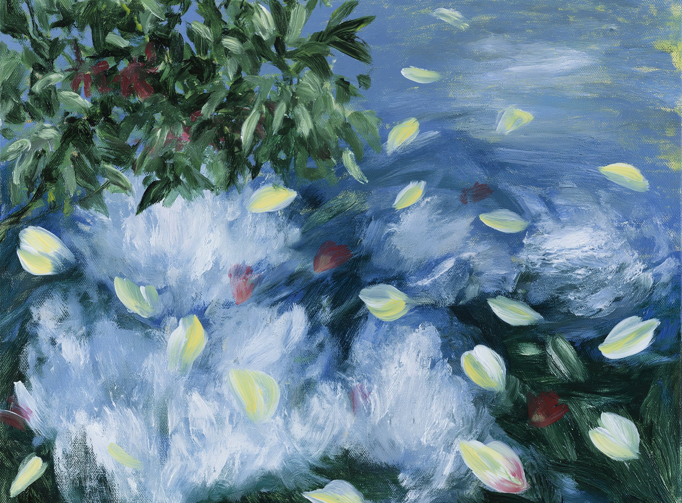 Petals across the blue water