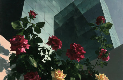 Roses against glass towers