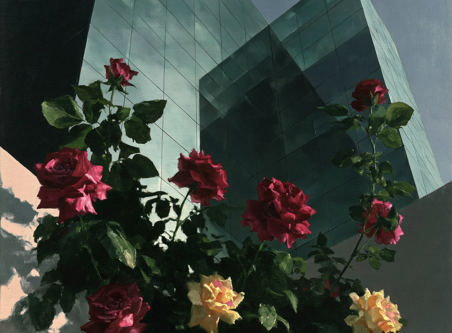 Roses against glass towers