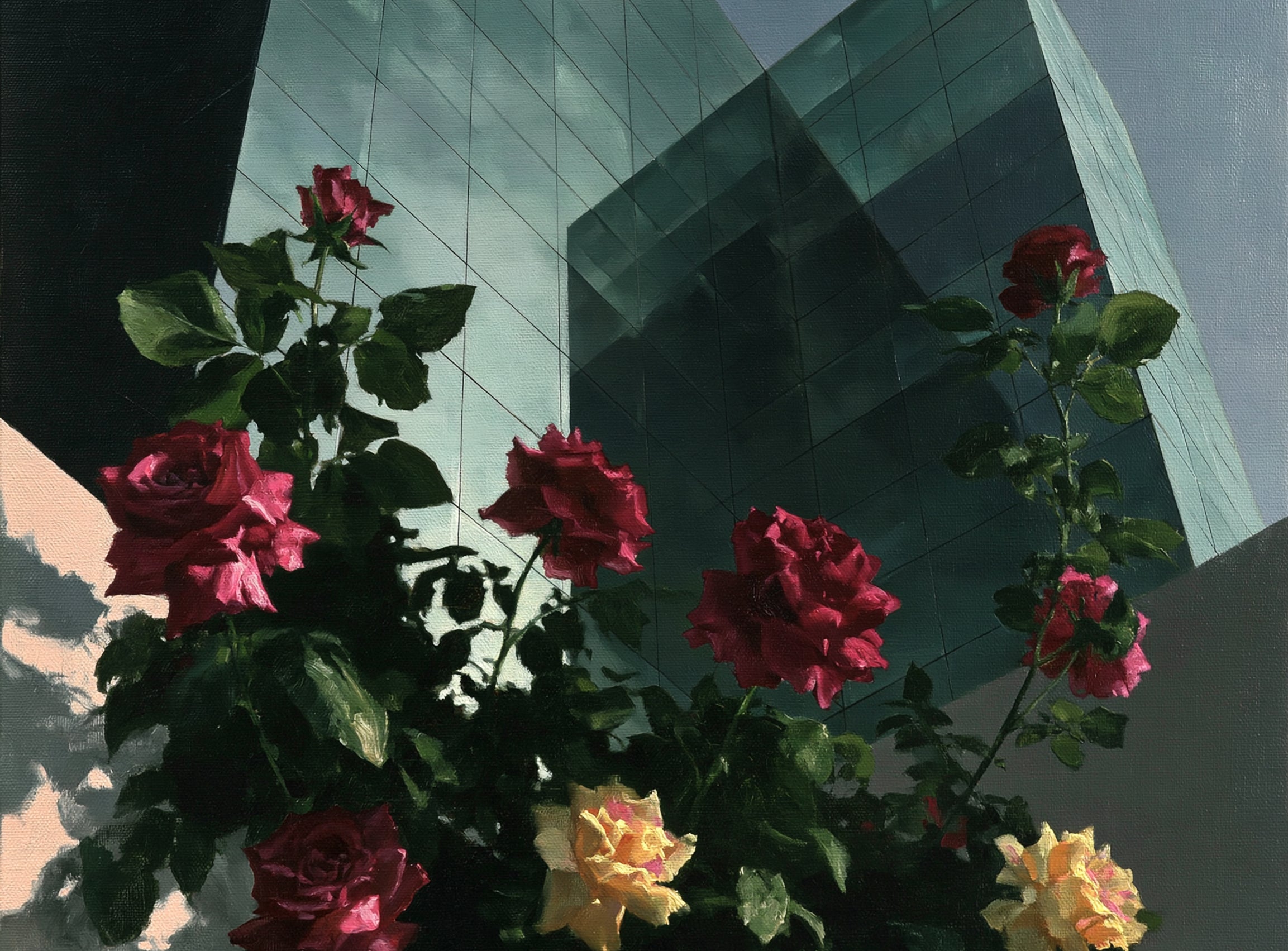 Roses against glass towers