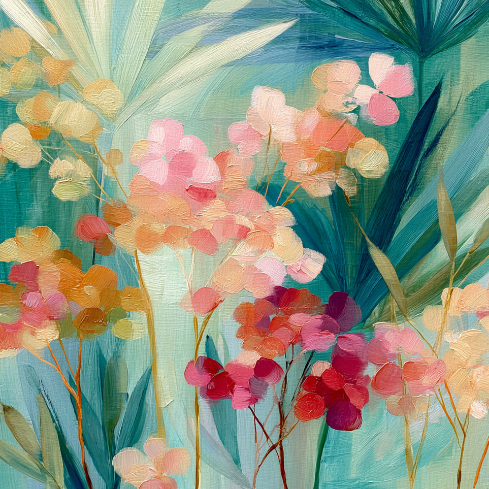 Flowers among teal leaves