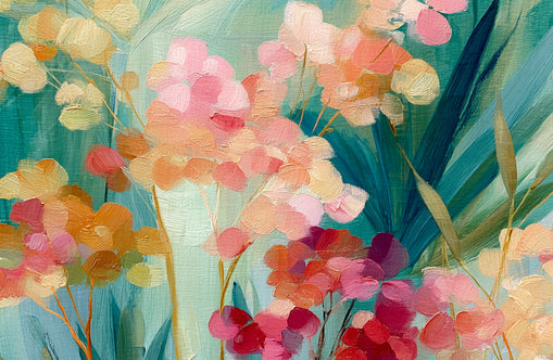 Flowers among teal leaves