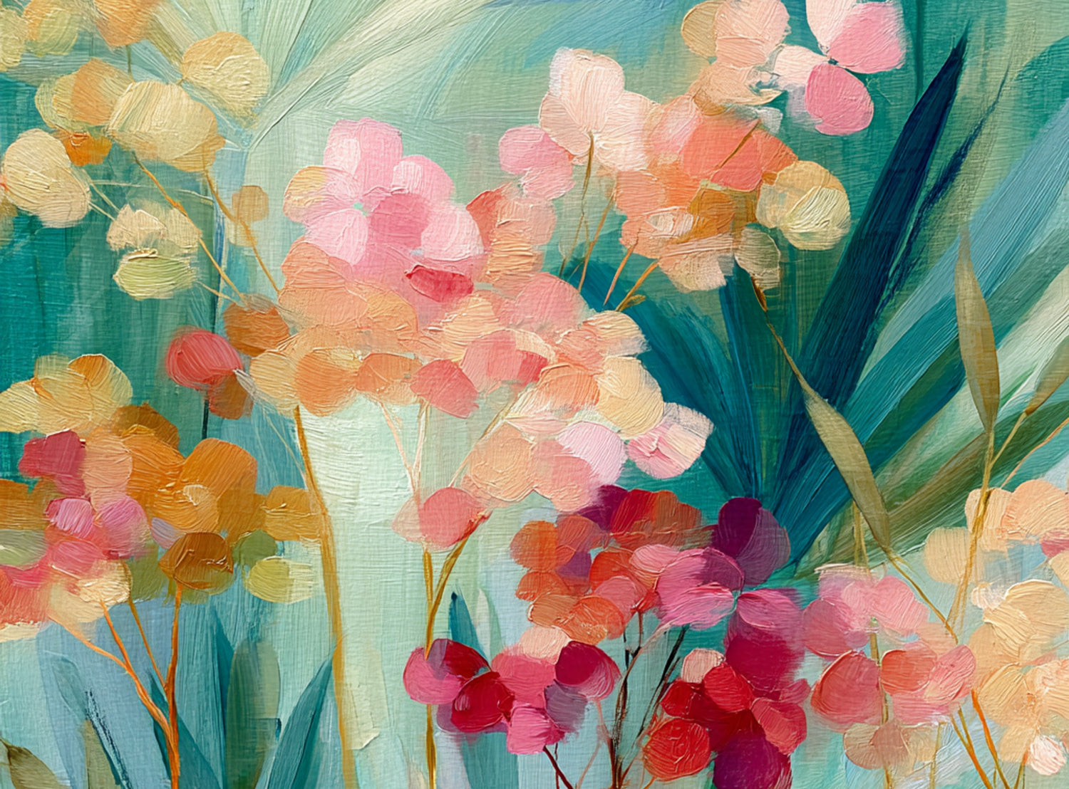 Flowers among teal leaves