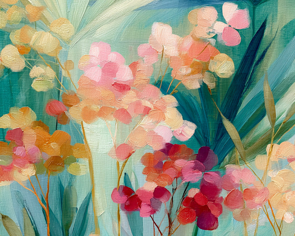 Flowers among teal leaves