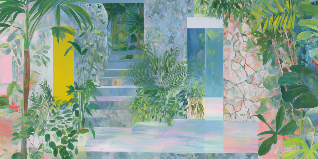 Pastel stairs between yellow and blue doors