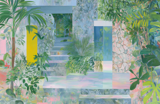 Pastel stairs between yellow and blue doors