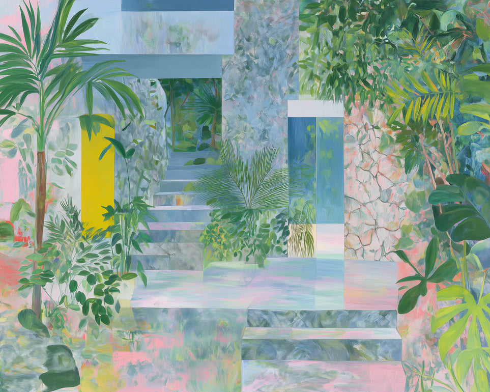 Pastel stairs between yellow and blue doors