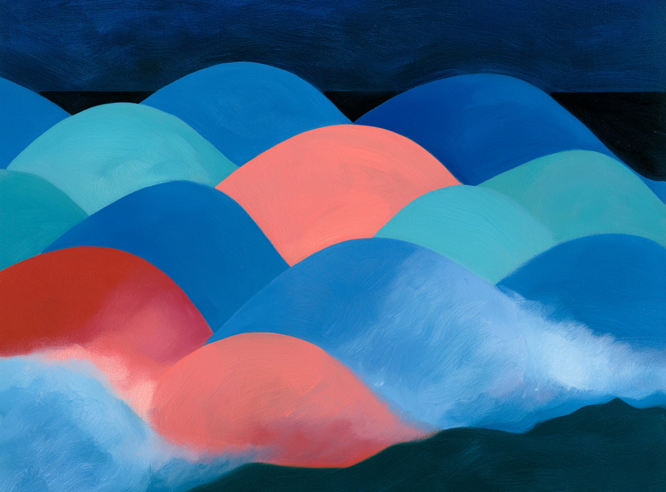 Pink moon among blue hills