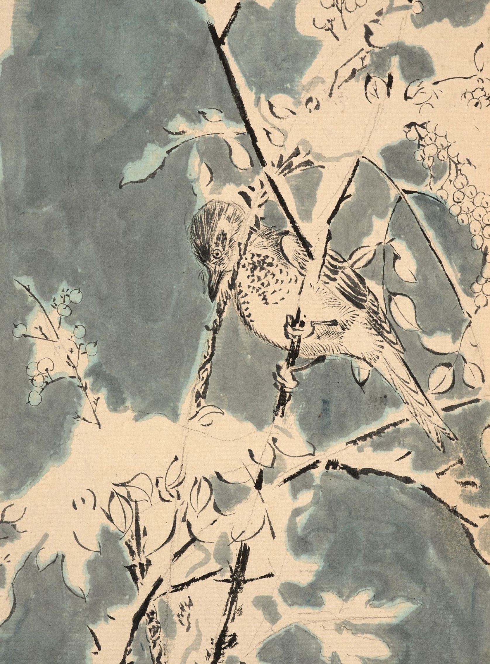 Quiet bird in berry branches