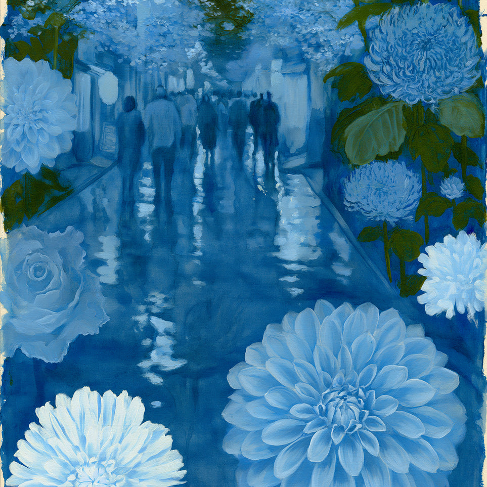 Blue street with flowers